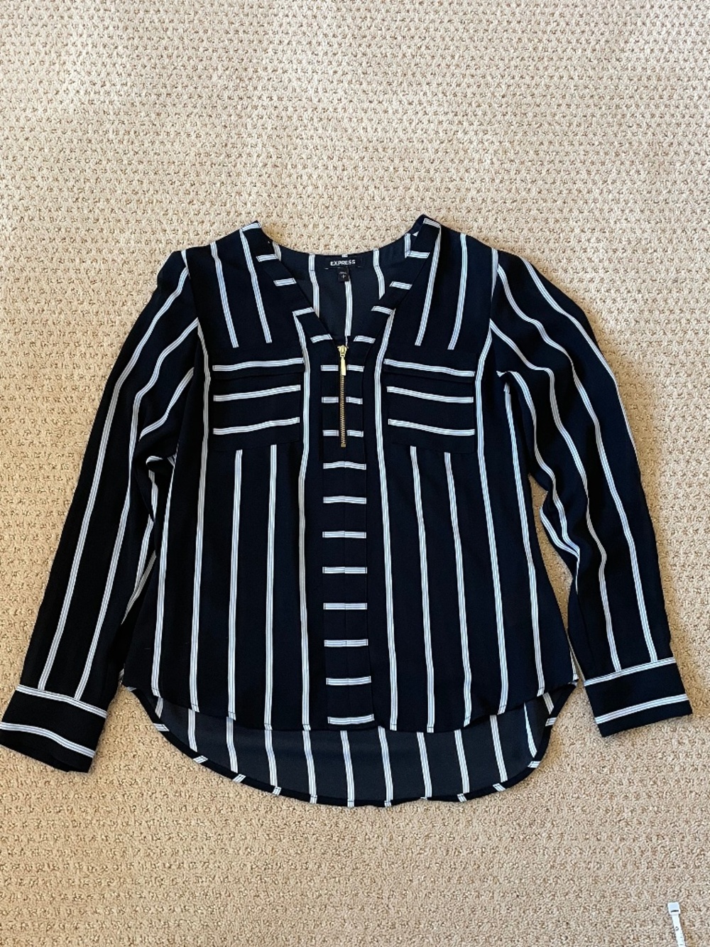 Express Size S Black & White Striped Long Sleeve Zip Blouse